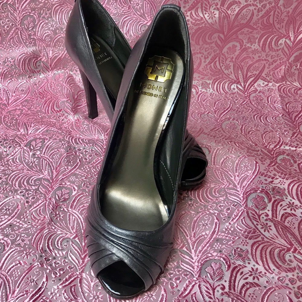Monet gray pewter peep leather stilettos